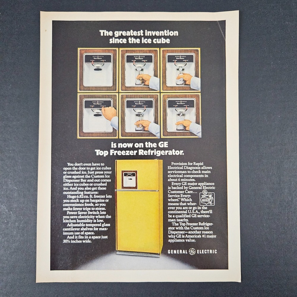 1974 GE‎ General Electric Top Freezer Refrigerator Vintage Print Ad Ice Maker